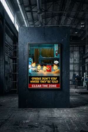 Flammable materials safety poster featuring a cartoon welding spark sneaking toward a solvent can and sawdust pile.