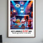 Flammable materials safety poster showing a welding arc waving away a solvent can and propane tank with hearts in their eyes.