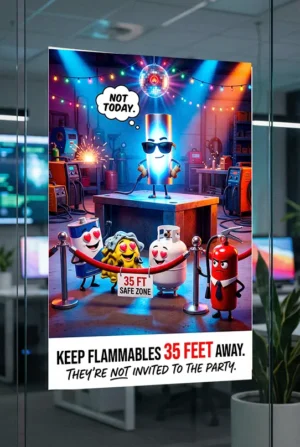 Flammable materials safety poster showing a welding arc waving away a solvent can and propane tank with hearts in their eyes.