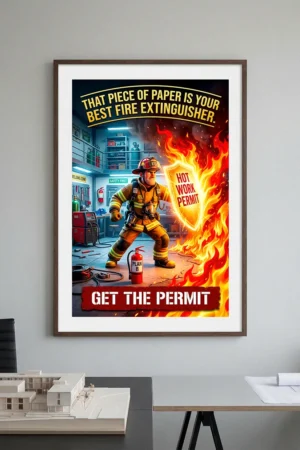 Hot work safety poster showing a cartoon firefighter using a work permit as a shield to stop a wall of flames.