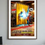 Hot Work Safety poster depicting a welding curtain and a red line boundary to prevent bystander arc flash.
