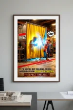 Hot Work Safety poster depicting a welding curtain and a red line boundary to prevent bystander arc flash.