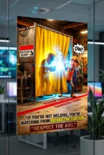 Hot Work Safety poster depicting a welding curtain and a red line boundary to prevent bystander arc flash.