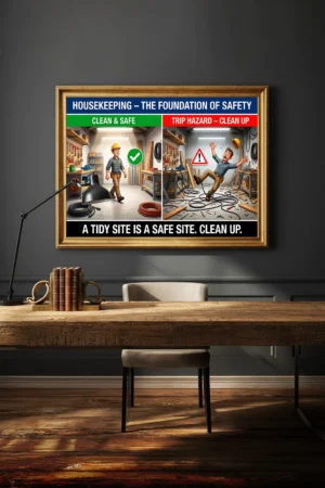 Construction Safety Posters illustrating the difference between an organized workspace and a trip hazard to promote site housekeeping.