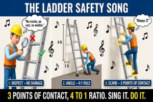Ladder safety training poster showing 3 panels: pre-use inspection, 4:1 angle rule, and 3 points of contact with musical notes.