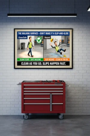 Slips Trips and Falls Posters showing a cartoon worker safely walking on a clean floor versus slipping on a spill, for industrial warehouse safety.