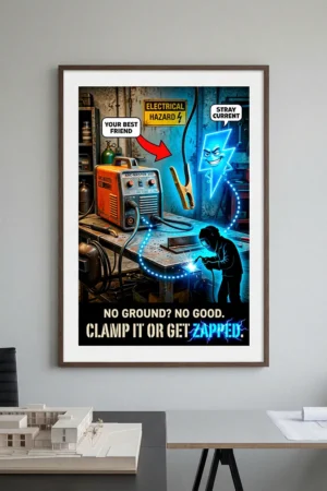 Welding electrical safety poster showing a disconnected ground clamp and a cartoon electricity bolt seeking a path through a worker.