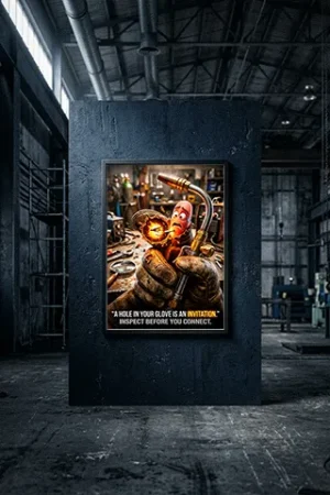Welding glove safety poster showing a cartoon spark with a drill aiming for a hole in a welder's glove.
