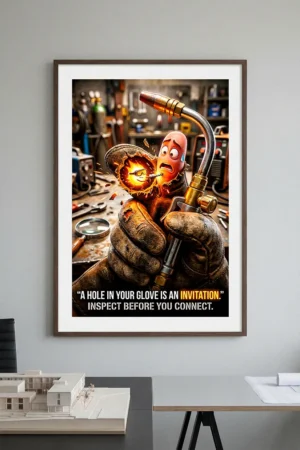 Welding glove safety poster showing a cartoon spark with a drill aiming for a hole in a welder's glove.