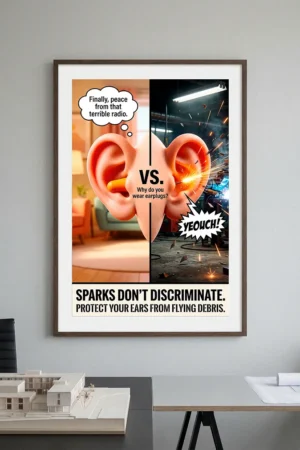 Welding hearing protection poster showing a comparison of an ear protected by earplugs vs an ear hit by a spark.