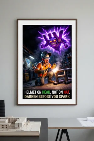 Welding helmet safety poster showing a helmet on a hard hat with a UV symbol attacking an exposed welder