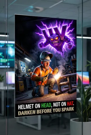 Welding helmet safety poster showing a helmet on a hard hat with a UV symbol attacking an exposed welder