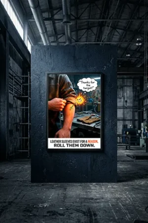 Welding jacket safety poster showing the dangers of rolling up leather sleeves and exposing bare skin to sparks.
