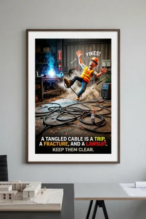 Welding trip hazard safety poster showing a worker falling over tangled cables on a workshop floor.