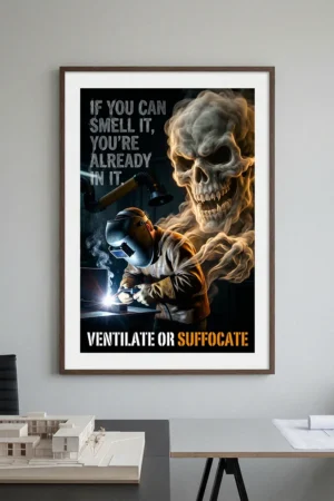 Welding ventilation safety poster featuring a welder unaware of a skull-shaped fume cloud looming behind him.