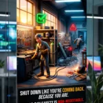 Workplace Safety Culture poster showing a welder correctly coiling cables and securing gas cylinders at sunset.