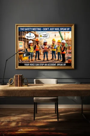 Workplace Safety Posters showing a technical illustration of a safety meeting where workers are encouraged to speak up about hazards.