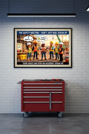 Workplace Safety Posters showing a technical illustration of a safety meeting where workers are encouraged to speak up about hazards.