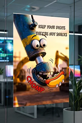 savage-hand-safety-meeting-poster-pdf2 Hand safety meeting poster PDF showing a cartoon pinch point biting a worker’s fingers