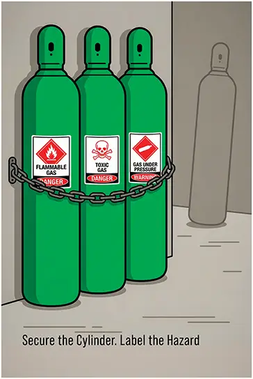 Compressed gas cylinder safety poster showing chained cylinders with flammable, toxic, and pressure hazard labels