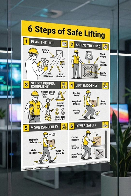 6 safe lifting steps lifting poster showing lift planning load assessment selecting proper equipment lifting smoothly moving carefully and lowering load safely