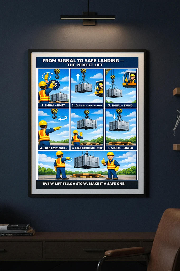 From signal to safe landing poster showing a step-by-step crane lift sequence with hoist, swing, position, lower, and safe landing on cribbing