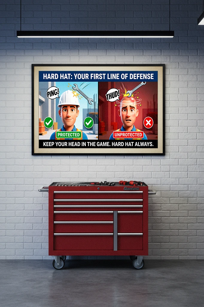 Hard hat safety poster showing a split image of a worker protected by a hard hat and an unprotected worker hit by a falling wrench