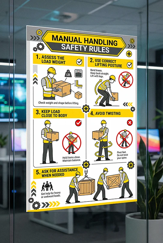 manual handling safety rules poster showing safe lifting posture load positioning and injury prevention techniques