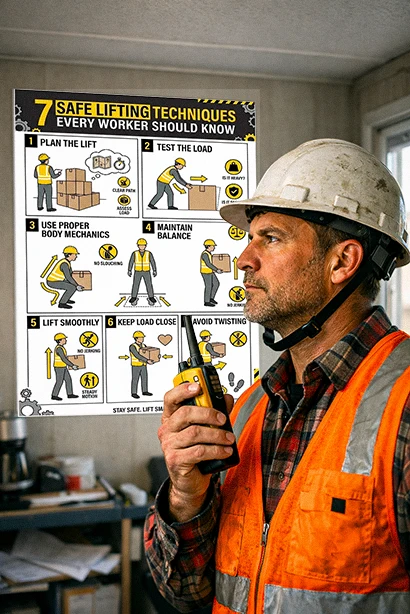 manual lifting techniques poster showing safe lifting steps including lift planning load testing proper body mechanics balance smooth lifting keeping load close and avoiding twisting