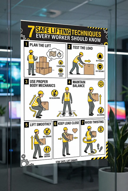 7 Manual Lifting Techniques Every Worker Should Know – Workplace Safety Poster manual lifting techniques poster showing safe lifting steps including lift planning load testing proper body mechanics balance smooth lifting keeping load close and avoiding twisting