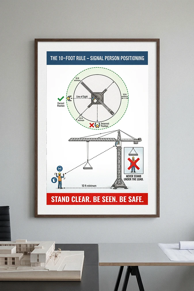Signal person positioning poster showing the 10-foot rule, line of sight to the operator, safe distance from the load, and never standing under a suspended load