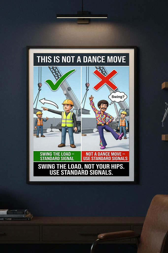 Swing signal crane safety poster showing a correct standard swing hand signal beside an incorrect dance-style gesture with a red X