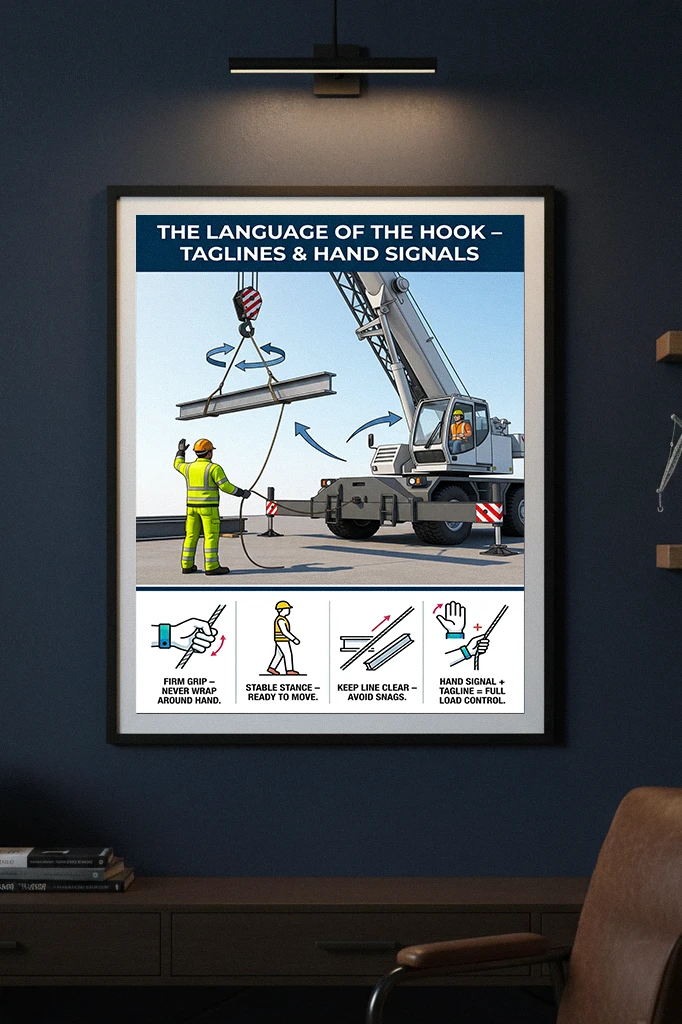 Taglines and hand signals load control poster showing a signal person guiding a suspended load with a tagline and icons for grip, stance, and clear line handling