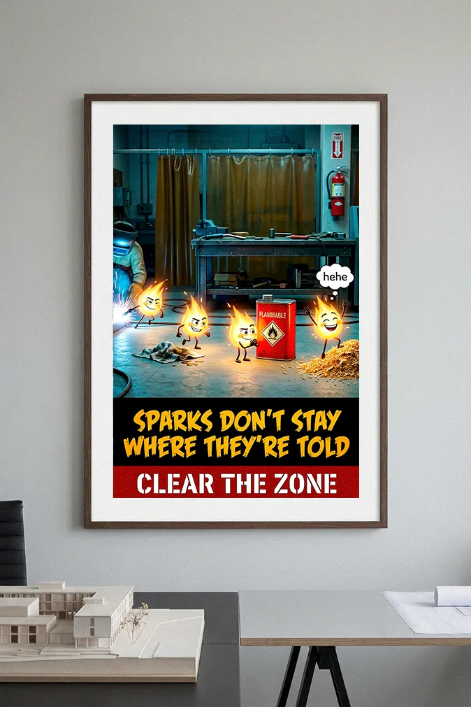Flammable materials safety poster featuring a cartoon welding spark sneaking toward a solvent can and sawdust pile.