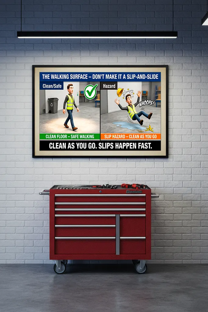 slips-trips-and-falls-posters-housekeeping-guide.2 Slips Trips and Falls Posters showing a cartoon worker safely walking on a clean floor versus slipping on a spill, for industrial warehouse safety.