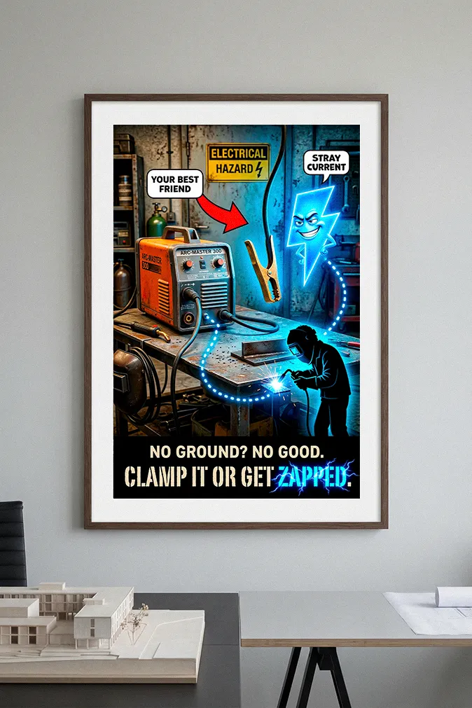 Welding electrical safety poster showing a disconnected ground clamp and a cartoon electricity bolt seeking a path through a worker.