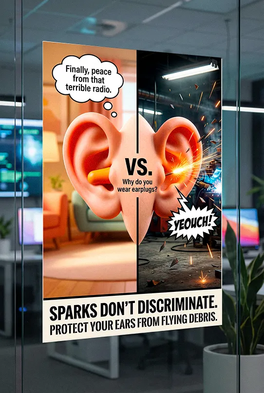 Welding hearing protection poster showing a comparison of an ear protected by earplugs vs an ear hit by a spark.